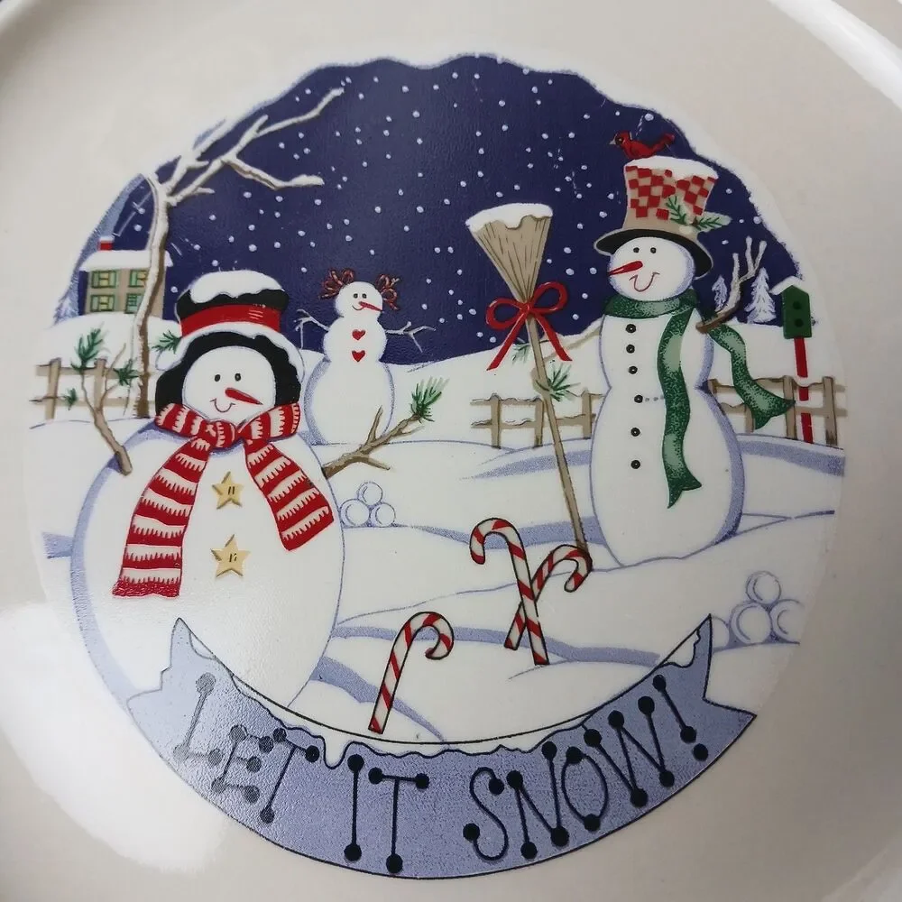 LET IT SNOW CERAMIC SNOWMAN DINNER/BREAD PLATE SET FOR 2